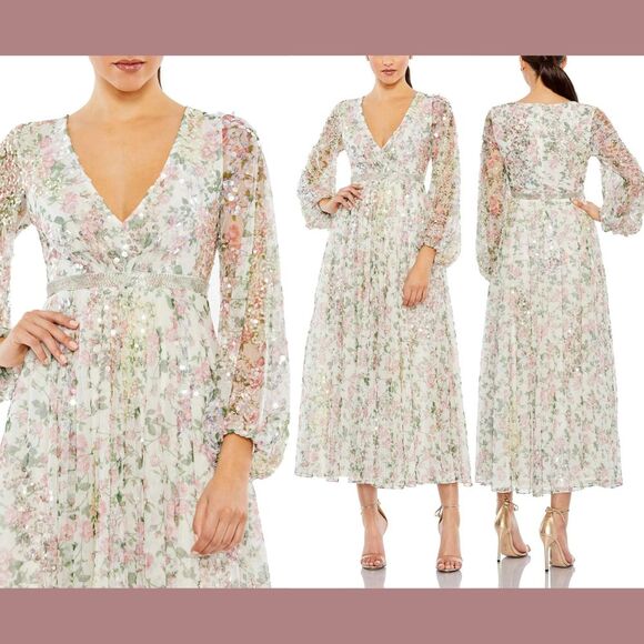 NWT $698 Mac Duggal [ 12 ] Embellished Floral Faux Wrap A Line Dress White G1699 - Picture 1 of 15